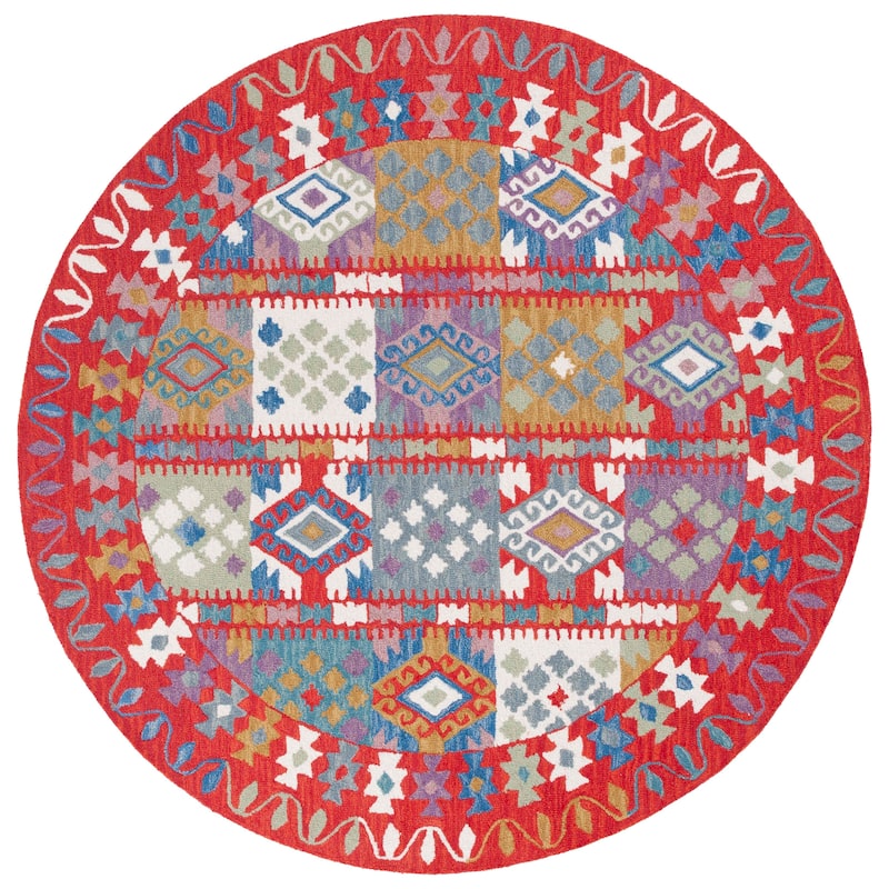 SAFAVIEH Handmade Aspen Þorkatla Boho Tribal Wool Rug - 7' Round - Red/Ivory