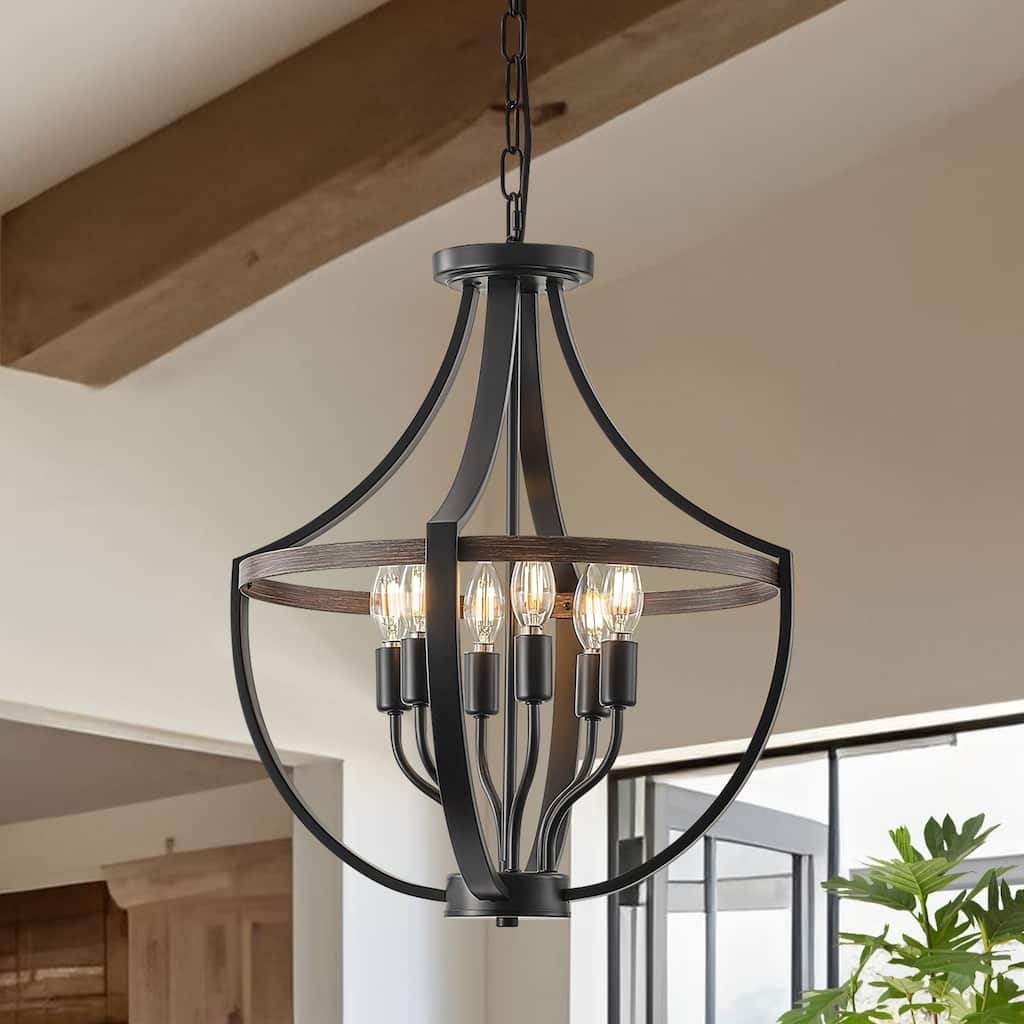 Starsky 6-Light Farmhouse Wood Rustic Lantern Caged Candle Style Chandelier - Black