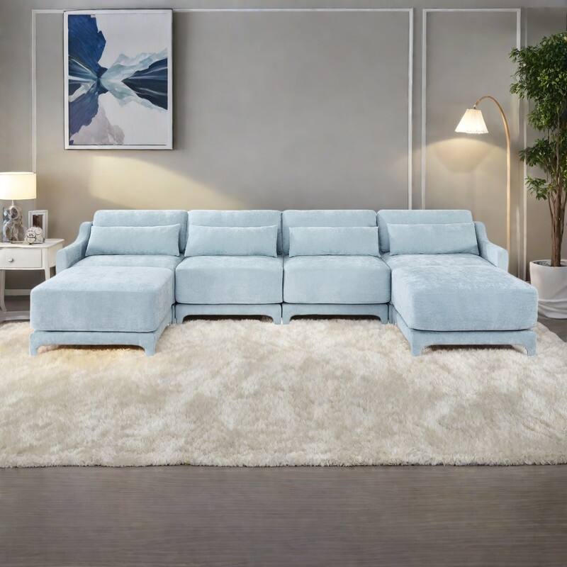 141.7" Chenille 4-Seater Sofa with Movable Ottoman, Lumbar Pillow and Solid Wood Frame - Sky Blue
