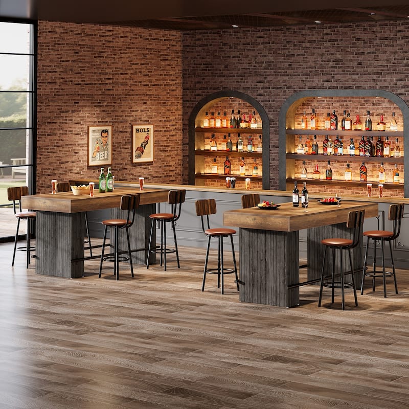 63-Inch Bar Table, Industrial Counter Height Pub Dining Table with Metal Footrest - Rustic Brown