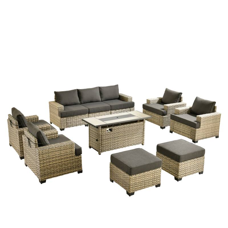 HOOOWOOO 10-piece Outdoor Wicker Wide Arm Patio Furniture Set with Fire Pit