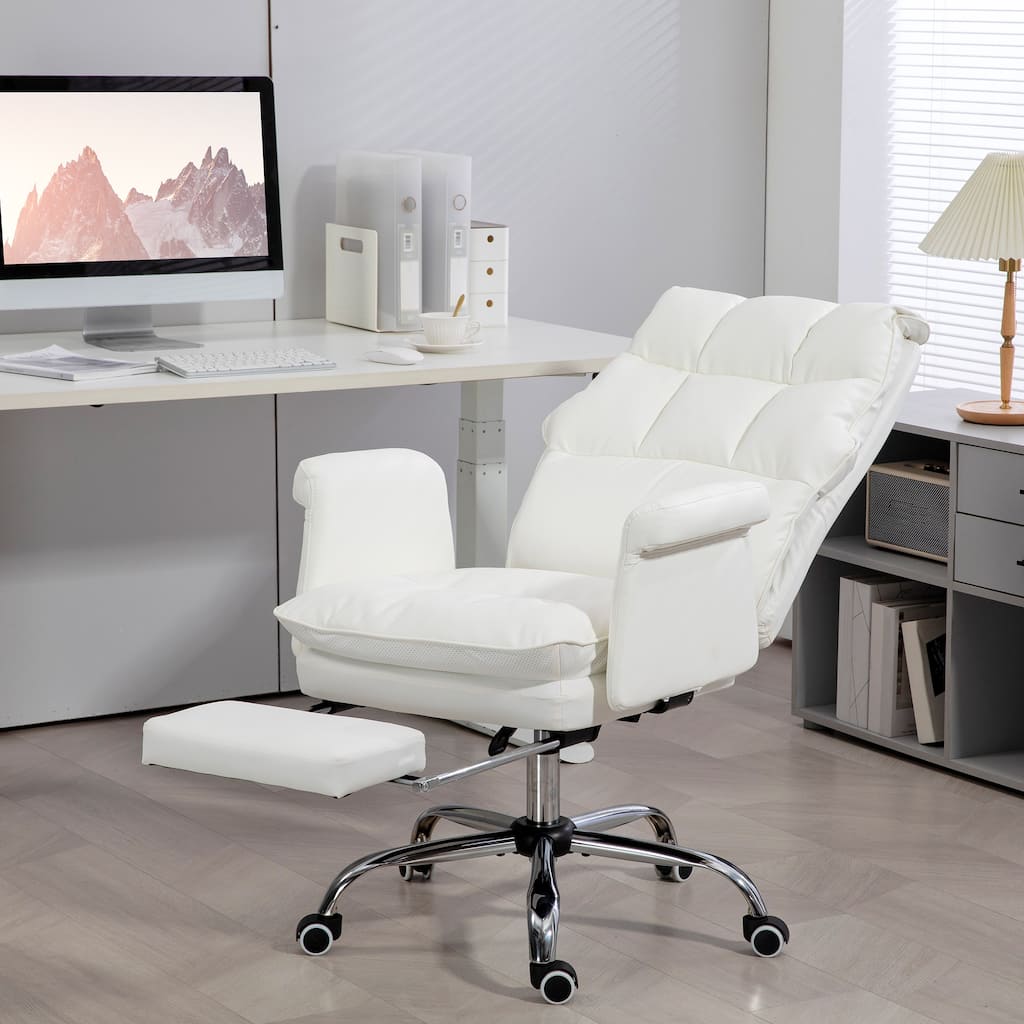 Leisure Chair Leather Visitor Chair with Footrest, White Swivel Chair Ergonomic Chair Executive Chair with Wheels