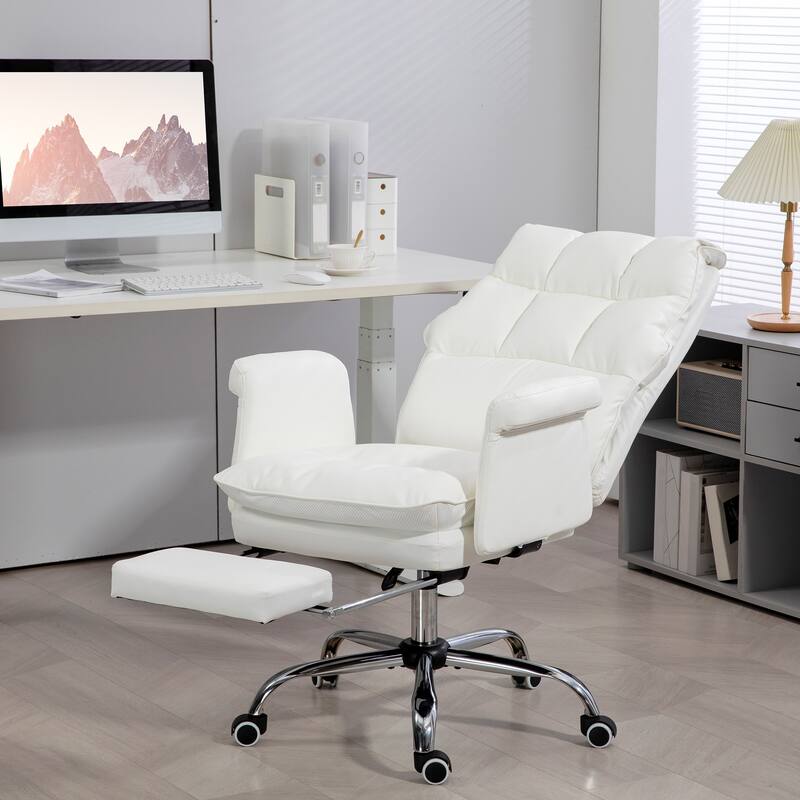 Leisure Chair Leather Visitor Chair with Footrest, White Swivel Chair Ergonomic Chair Executive Chair with Wheels - White
