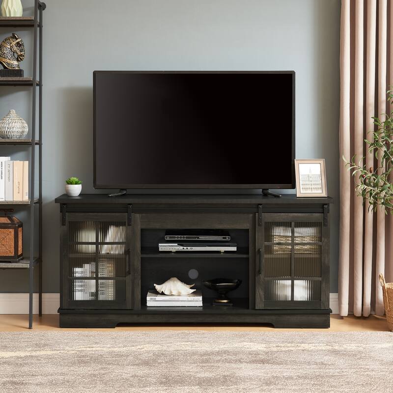 Multipurpose Sliding Door TV Stand Large Storage Cabinet with 2 Sliding Fluted Glass Tempered Doors, TV Up to 65''