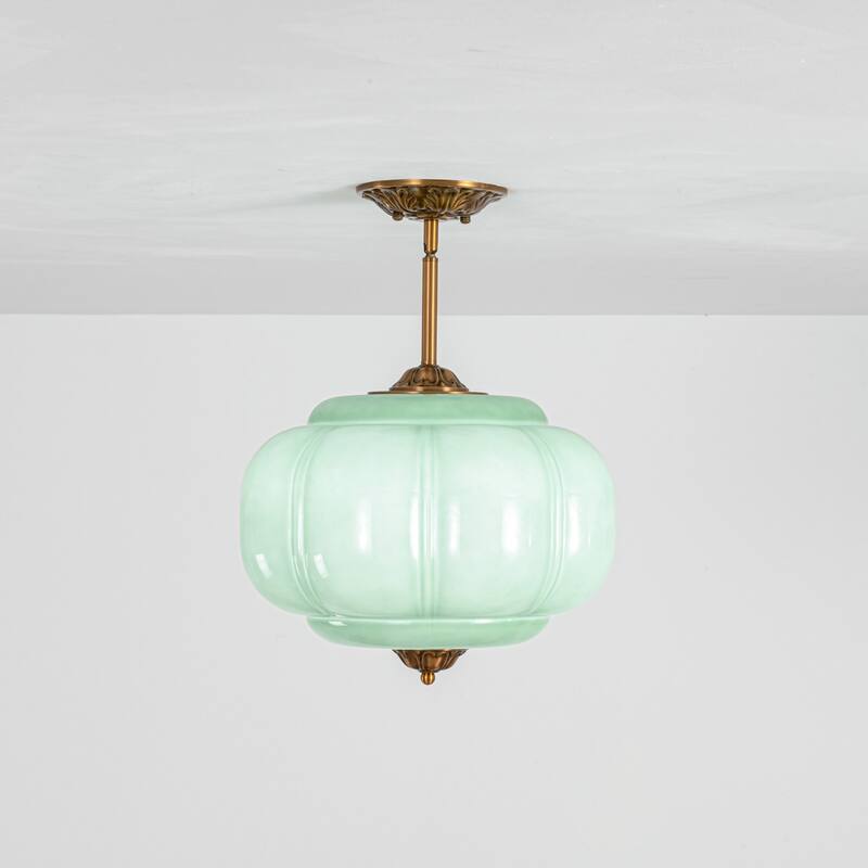 1-Light Retro Antique Brass Pumpkin Shaped Semi-Flush Mount Light/Pendant with Milk/Green Glass for Kitchen, Dining Room
