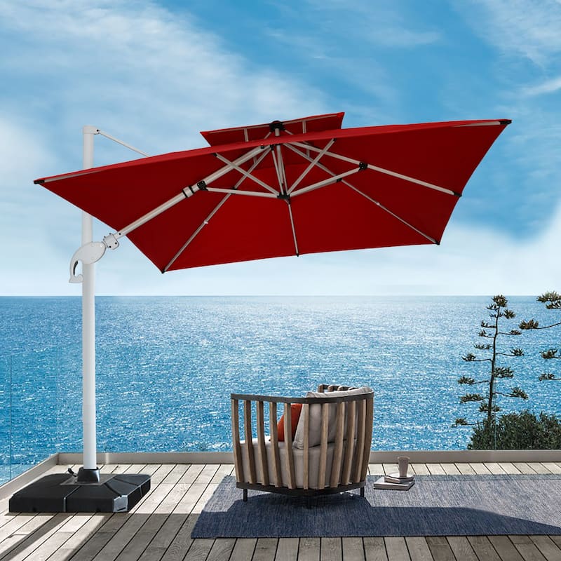 9 x 11 FT Outdoor Dual Top Solar Powered LED Aluminum Patio Cantilever Umbrella and Weighted Base