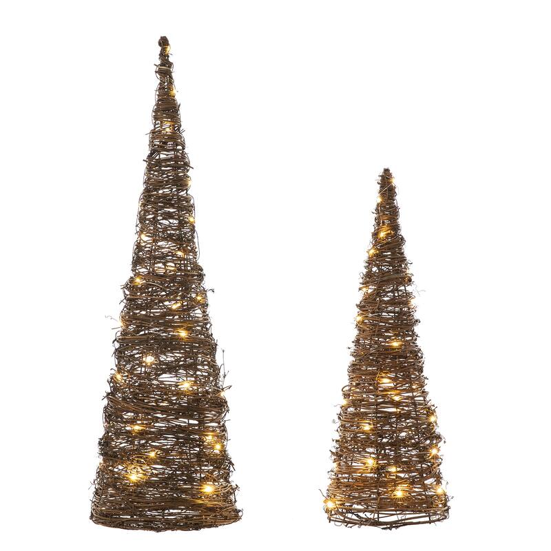 Glitzhome Set of 2 Lighted Rattan Christmas Table Tree Decor with Timer - Brown