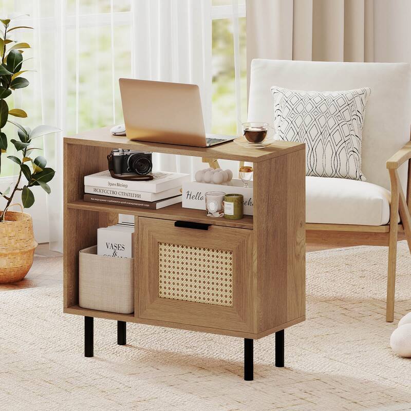 Costway Boho Rattan Nightstand Wooden End Table with Storage Shelf
