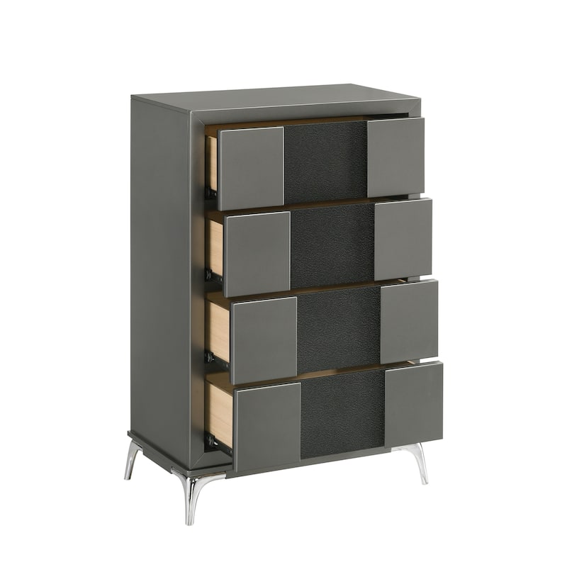 Rya 48 Inch Tall Dresser Chest, 4 Drawers, Gray Wood, Angled Chrome Legs