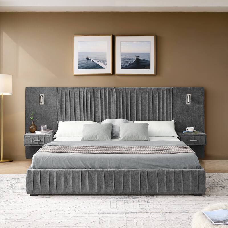 Queen Upholstered Bed Frame with Headboard, Chenille Fabric & No Box Spring