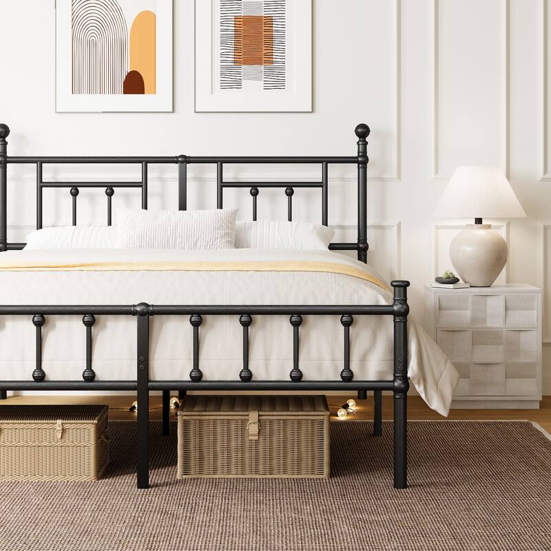Black Metal Bed Frame with Headboard and Underbed Storage, Easy Assembly