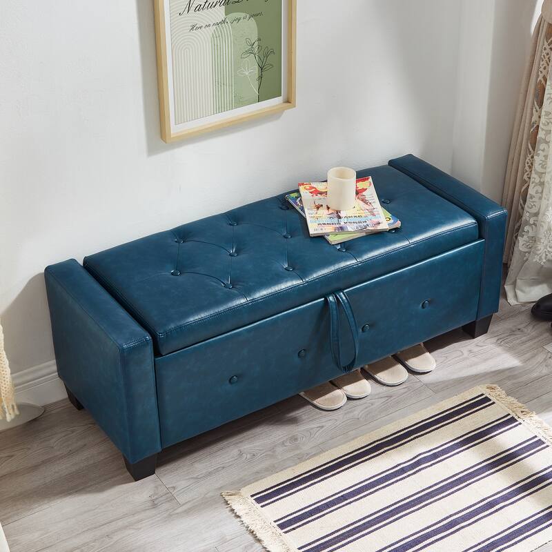 Tufted Faux Leather Storage Ottoman Bench for Bedroom, Living Room & Hallway, 48" Multifunctional Upholstered End of Bed Bench - Blue