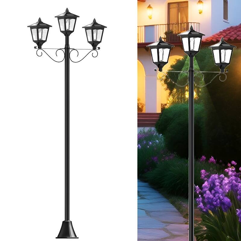 72" Solar Lamp Post Light Triple Head LED Dusk to Dawn for Driveway, Garden, Patio - Black - Black