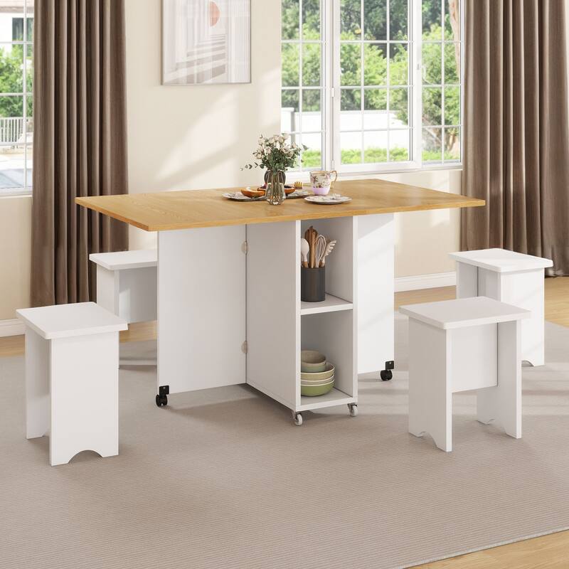 Moasis 5 Pieces 7 Pieces Folding Dining Set with Drop Leaf Table and Storage Stools for up to 6 People
