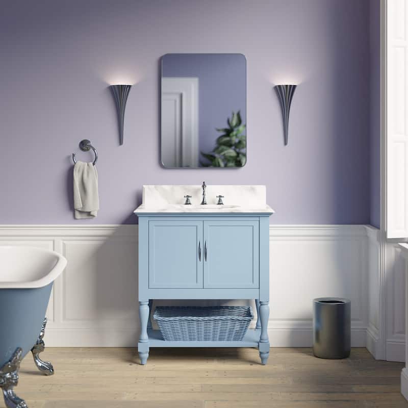 KitchenBathCollection Beverly 30" BathroomVanity w/ Carrara Marble Top - Powder Blue