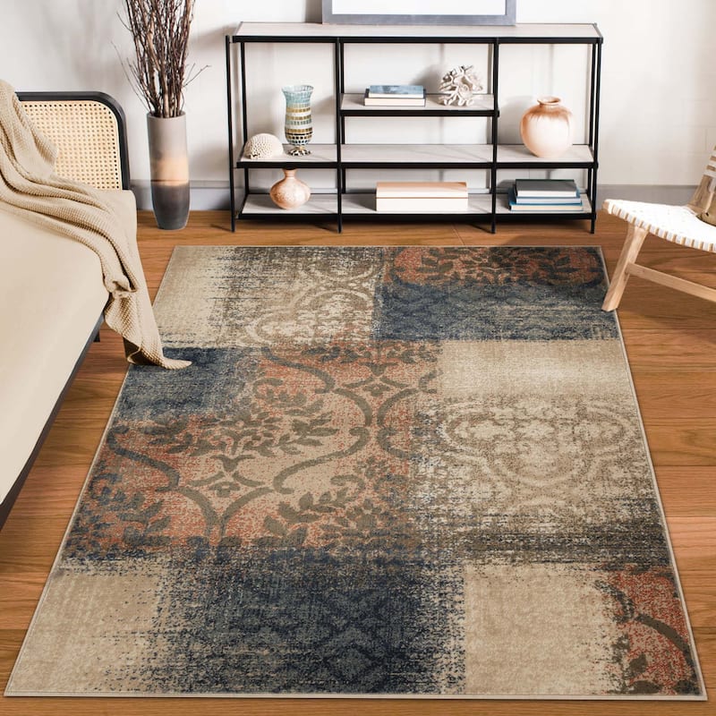 Superior Bristol Distressed Abstract Damask Indoor Runner or Area Rug - 7' x 9' - Midnight Navy/Salmon