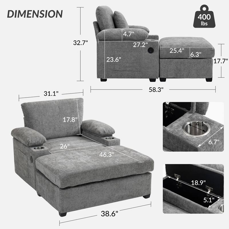 GDFStudio - Ethan Blake Oversized Chenille Chair Bed with Ottoman, Storage & USB Charging for Lounge & Apartment Living