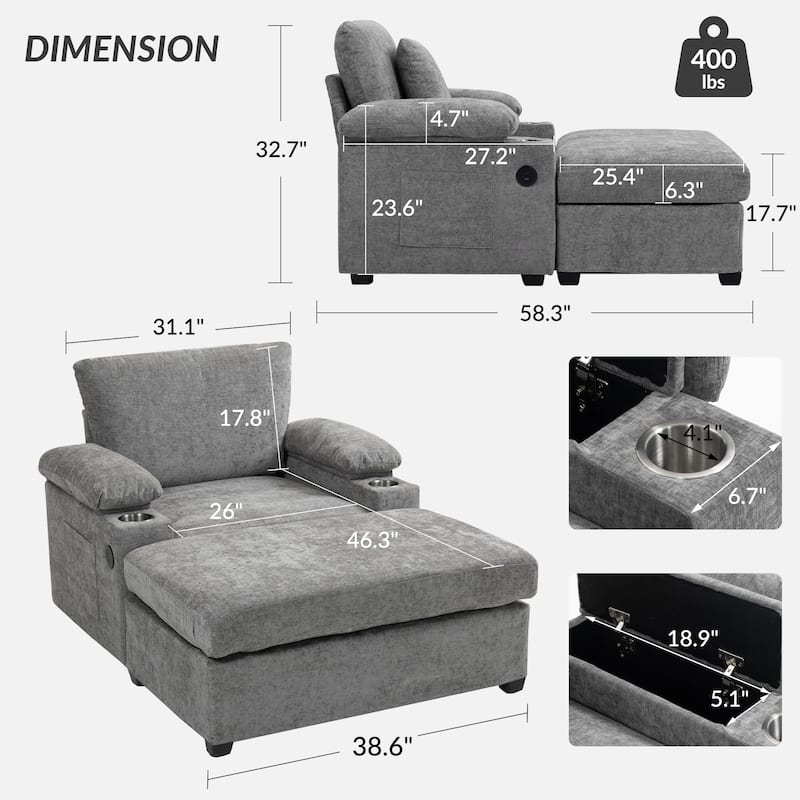 Oversized Chenille Sofa Chair with Ottoman Sleeper Sofa with Cupholders/USB Charging Ports