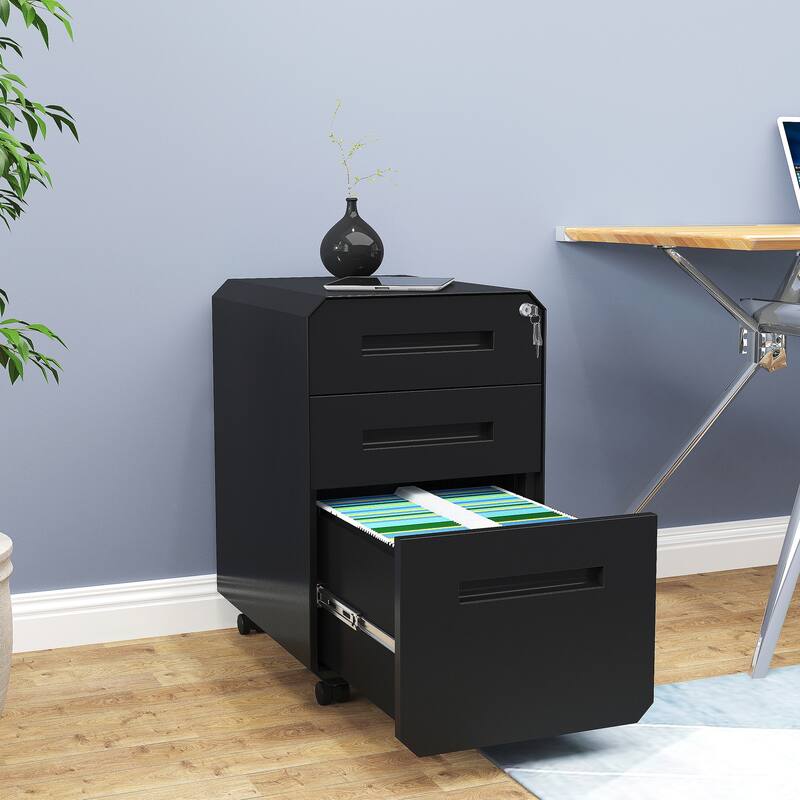 Modern Polygon 3-Drawer Wheeled Steel File Cabinet
