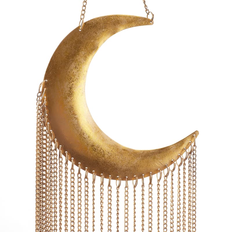 Gold Metal Indoor Outdoor Moon Windchime with Chain Tassels