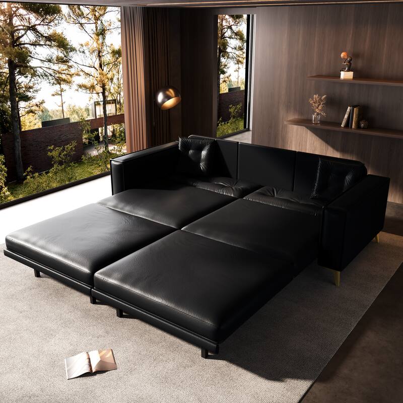Oversized 3-in-1 Convertible Sofa Bed, 92.1" Faux Leather Square Arms Loveseat, Modern Pull-Out Sleeper Couch with Pillows