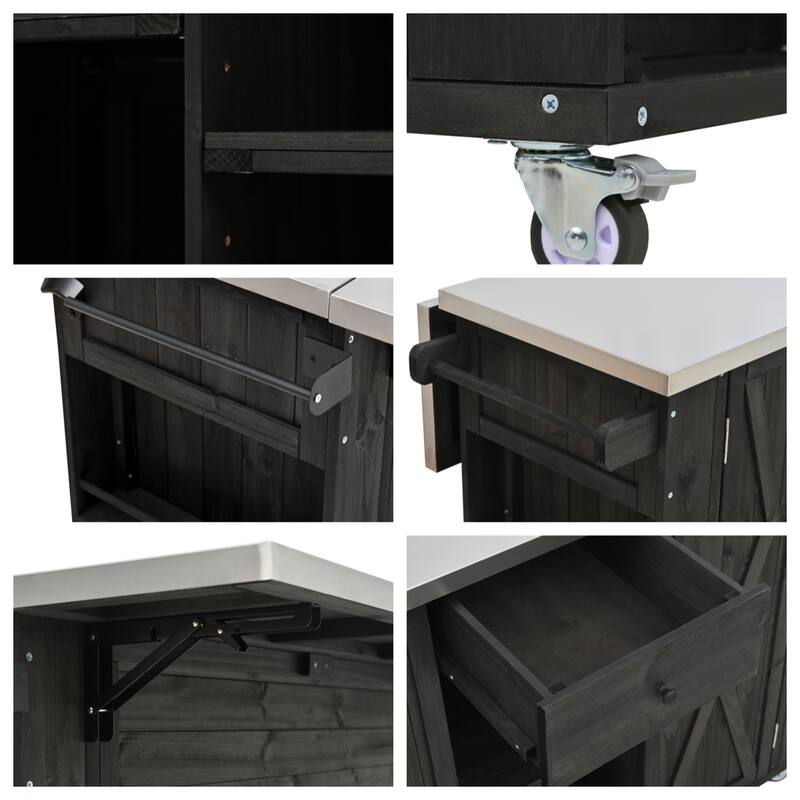 Outdoor Wood Kitchen Island w/ Stainless Steel Top,Towel,Bottle Opener