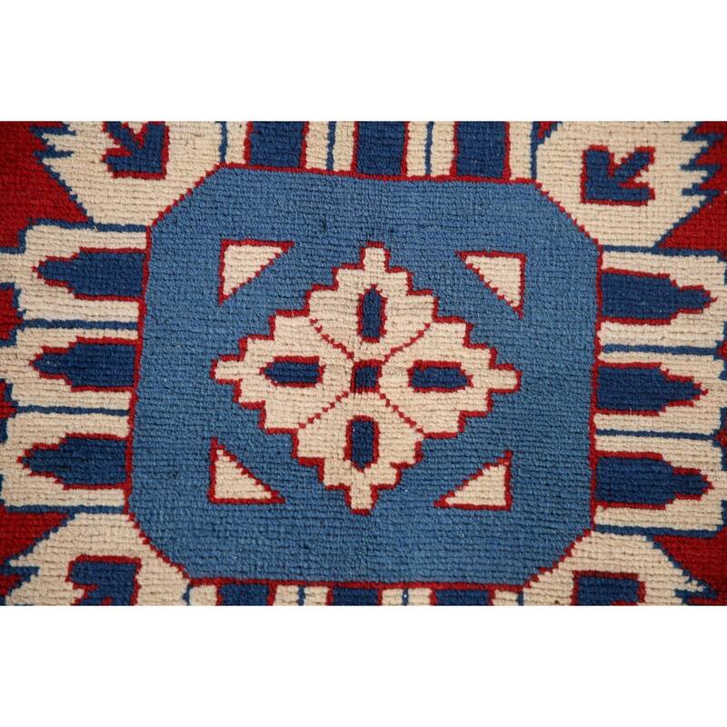 Geometric Red Kazak Accent Rug Handmade Traditional Wool Carpet - 3'4"x 4'11"