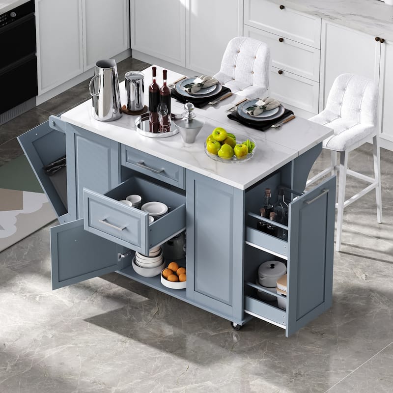 50.7" Kitchen Island with Storage and Concealed Trash Can, Rolling Kitchen Island on 5 Wheels with Drop Leaf, Drawers and Door