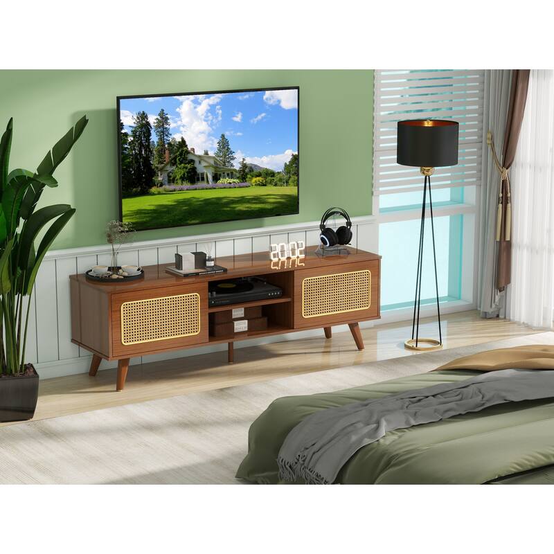 Modern TV Stand with 2 Storage Cabinet and Upper and Lower Compartment 4 Strips Wood Legs for Living Room