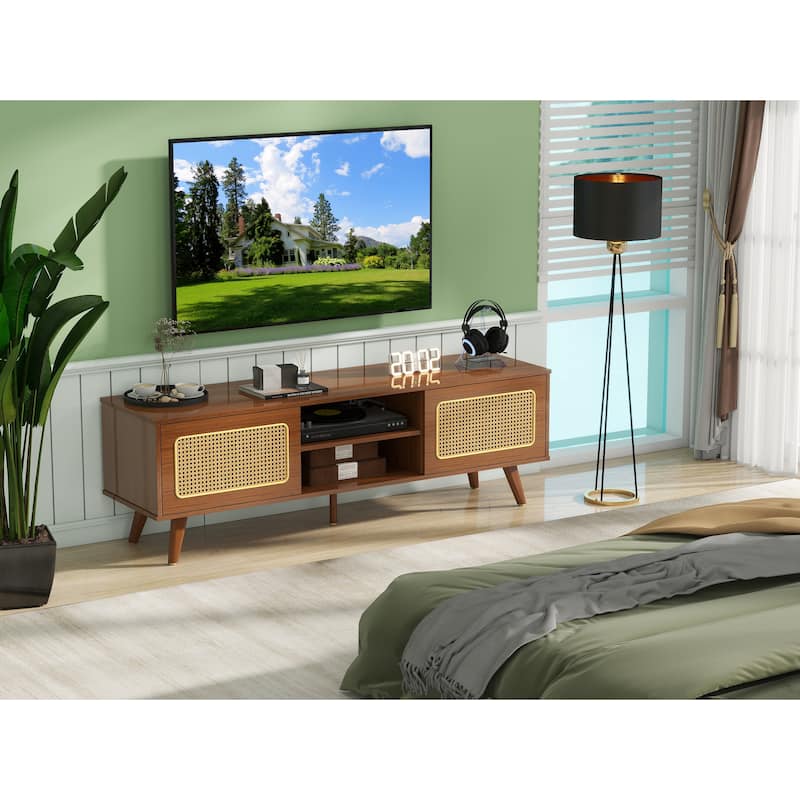 TV Stand with Rattan Cabinet Doors, Entertainment Center with Shelves and 2 Cabinets, Console Table with Solid Wood Feet