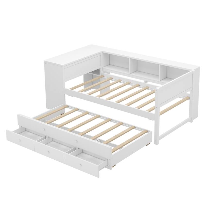 Roomfitters Twin/Full Size Wood Daybed with Trundle, Storage Drawers, Side Shelves & Built-in Desk, No Box Spring Needed