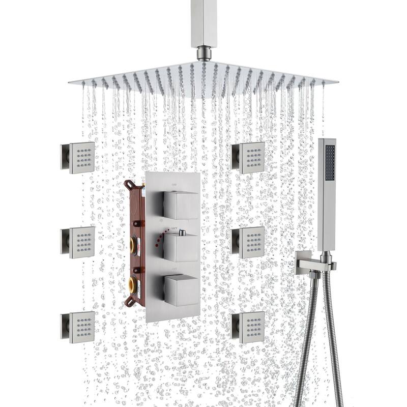 Thermostatic 3-Spray 12 in. Ceiling Mount Shower System with Handheld Shower Head and 6 Body Jets - 12" x 12" - Brushed Nickel