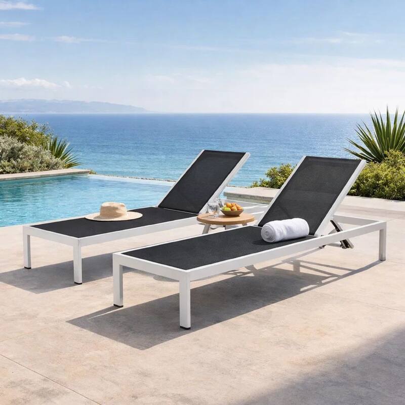 Edie 76 Inch Outdoor Adjustable Chaise Lounger, Metal, Black Textilene