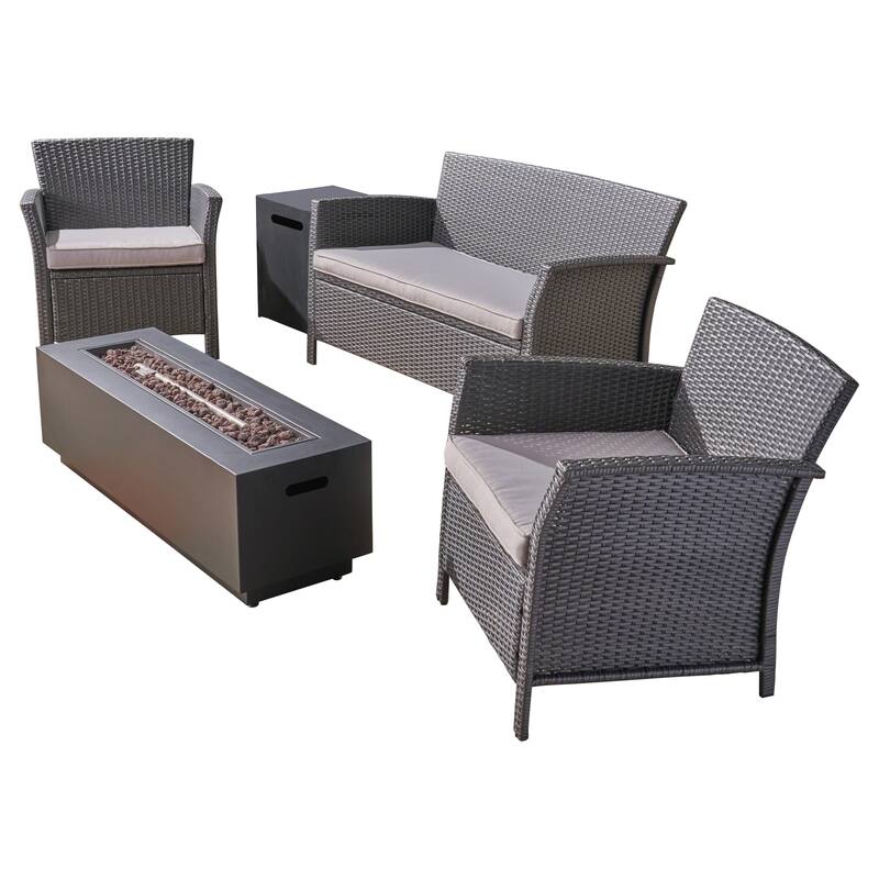 St. Lucia Outdoor 4 Seater Wicker Chat Set with Fire Pit by Christopher Knight Home - gray + dark gray + silver cushion