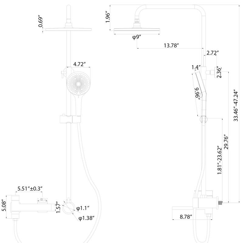 Wall Mounted 3-Function Rainfall Shower System With Tub Spout And Rough-In Valve