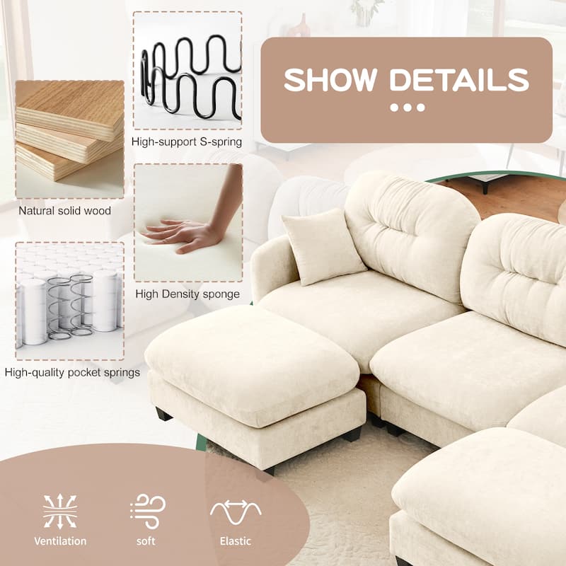 GDF Studio - Kitty Modern Chenille Upholstered Modular Sectional Sofa with Ottoman and Tufted Backrest