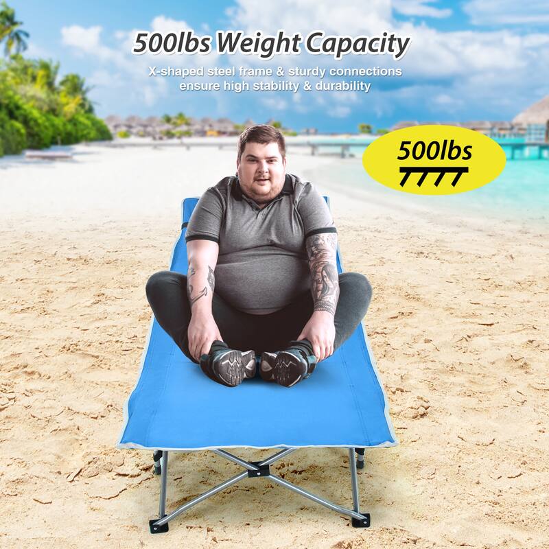 Folding Camping Cot Heavy-Duty Outdoor Cot Bed w/ Side Storage Pocket - 74'' x 26'' x 15.7''