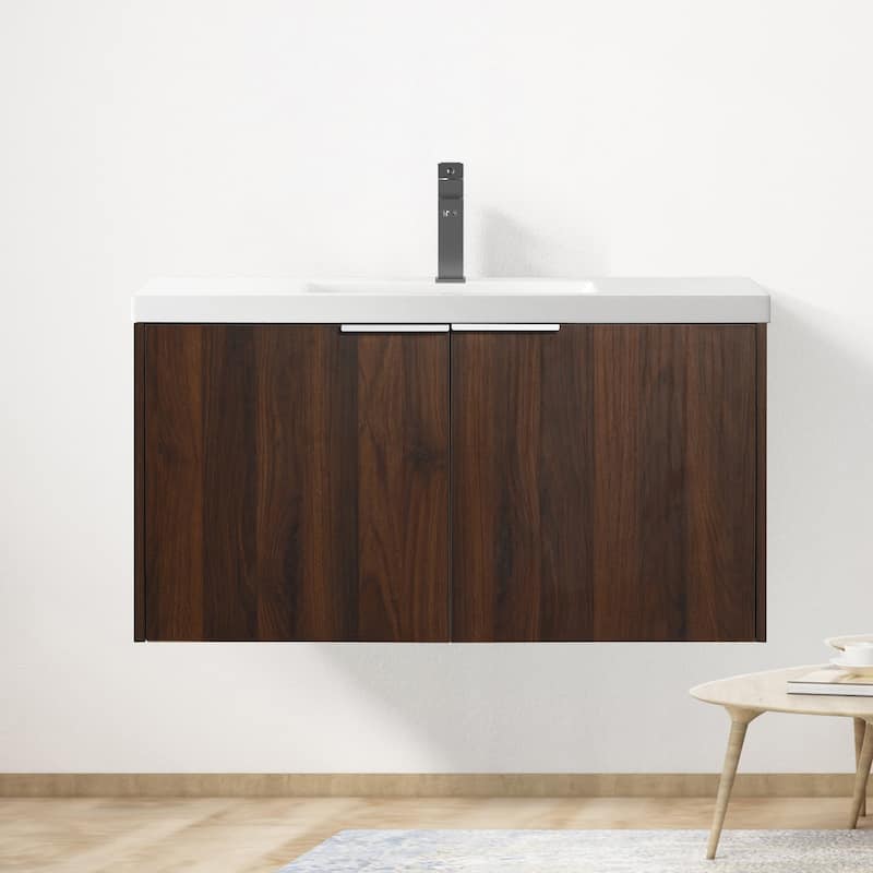Wood Wall-Mounted Bathroom Vanity Set with Integrated Resin Sink