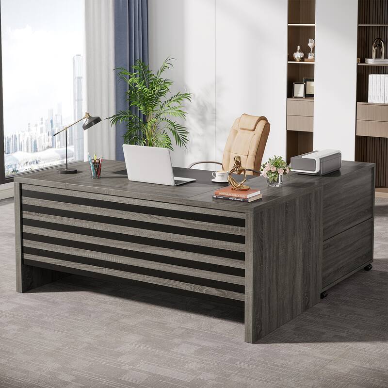 62.2" Executive Desk with Mobile File Cabinet, L-Shaped Office Desk for Home Office
