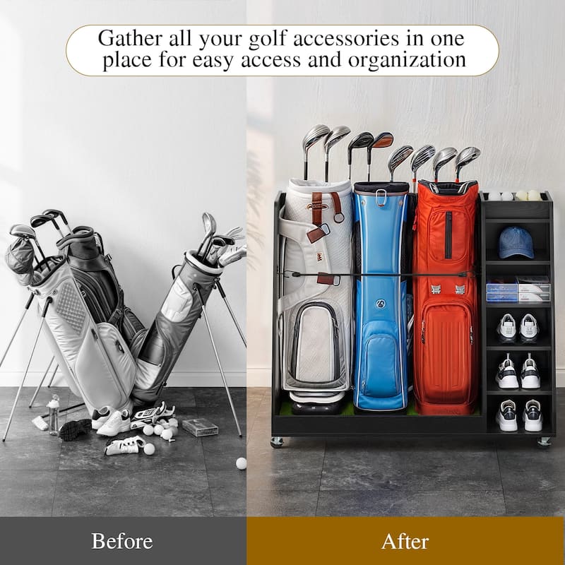 Moasis Wooden Golf Bag Organizer with Wheels for 2 or 3 Bags and Accessories Storage