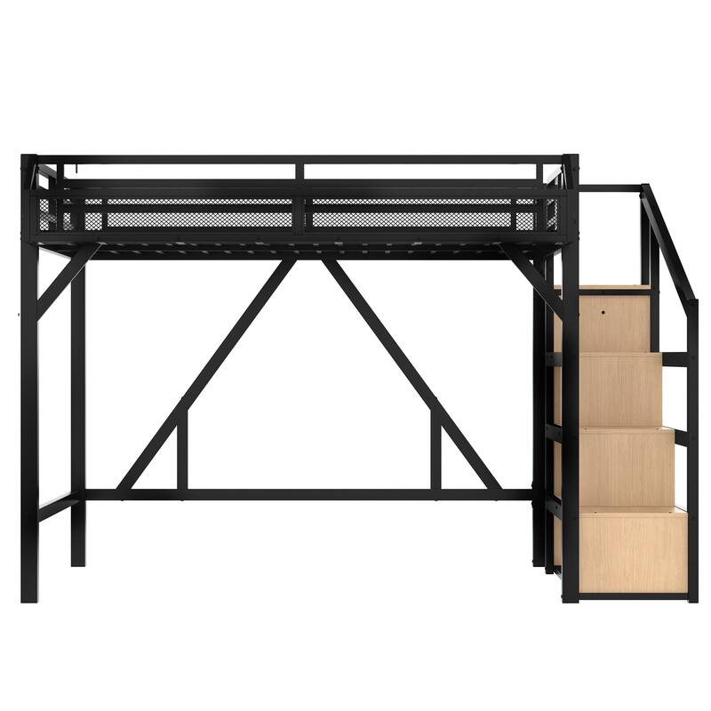 Noise-reduced Design Metal Loft Bed Frame with Storage Stairs, Shelves, Built-in Wardrobe, Light Strip and Charging Station