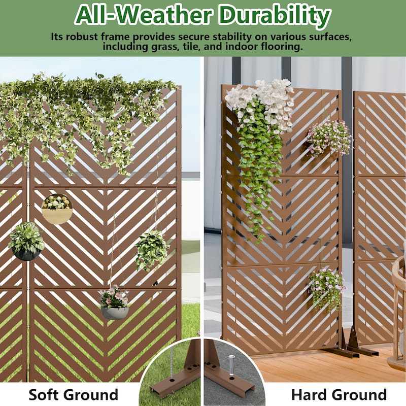 Outdoor Privacy Screen 2-Panel Chevron Metal Privacy Fence with Wind-Resistant Base Durable Decorative Divider
