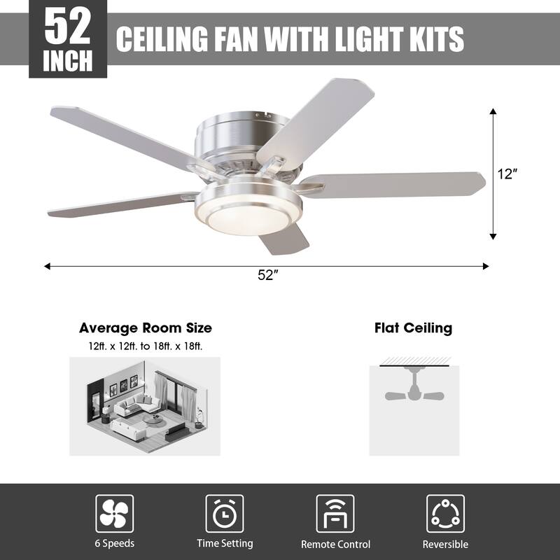 52" Brushed Nickel 5-blade Modern Flush Mount Ceiling Fan with Light and Remote