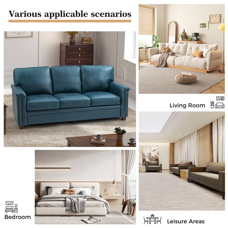 Rita Transitional Living Room 3-Seat Genuine Leather Nailhead Sofa with Solid Wood Legs and Removable Cushions