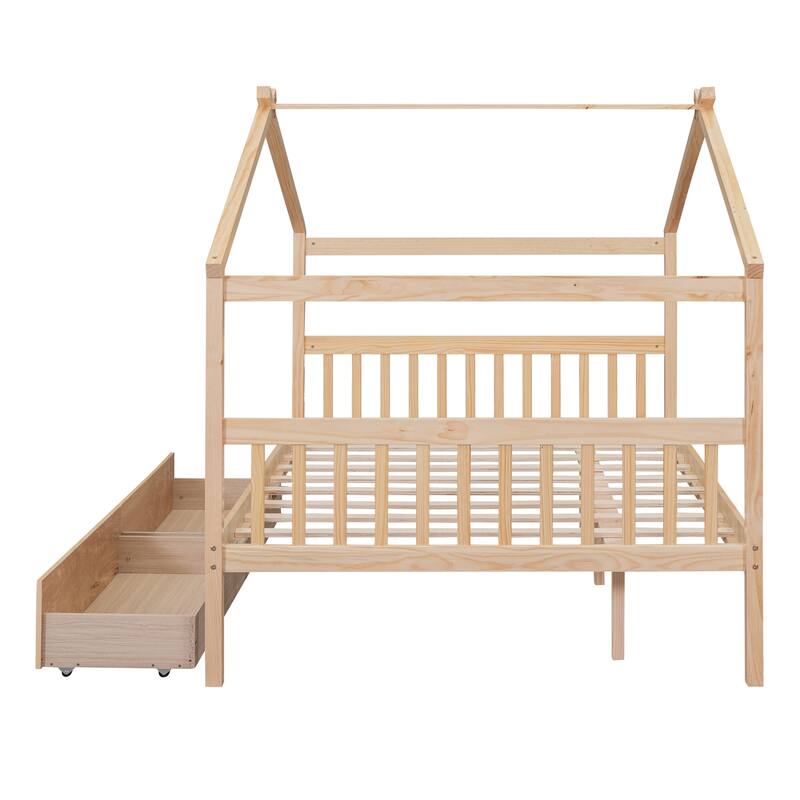 Kids Playhouse Bed Platform Bed with 2 Drawers and Roof, Sturdy Wooden Daybed for Kids, Easy Assembly, No Box Spring Needed