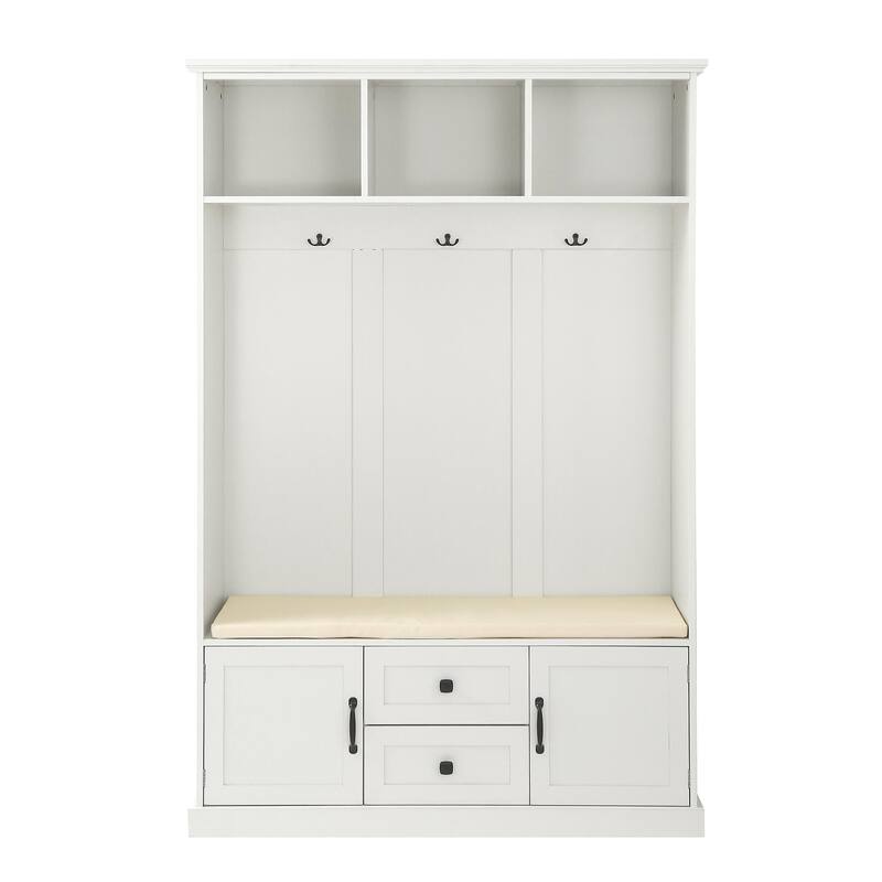 Multifunctional Entryway Hall Tree with Cushioned Bench, Hooks, Drawers & Cabinets Beige Particle Board,
