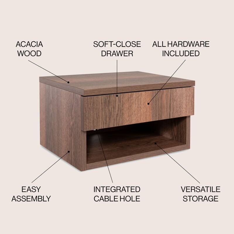 Celerie 15.71" Mid-Century Modern Floating Wall Mounted Nightstand with Soft-Close Drawer and Cable Hole, by JONATHAN Y