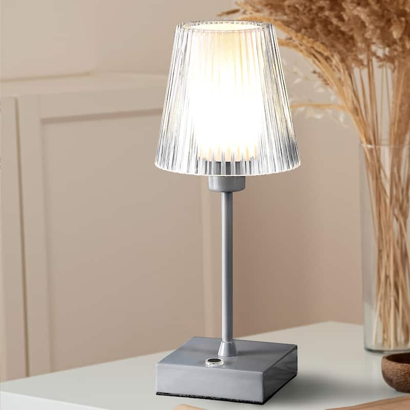 Lina 12.5" Modern Industrial Rechargeable/Cordless Iron/Acrylic Integrated LED Table Lamp with Ribbed Shade, by JONATHAN Y
