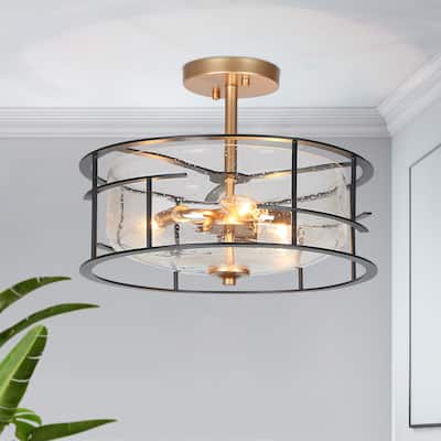 3-Light Black Gold Modern Drum Semi Flush Mount Seeded Glass Ceiling Lights - 14 " D × 13 " H