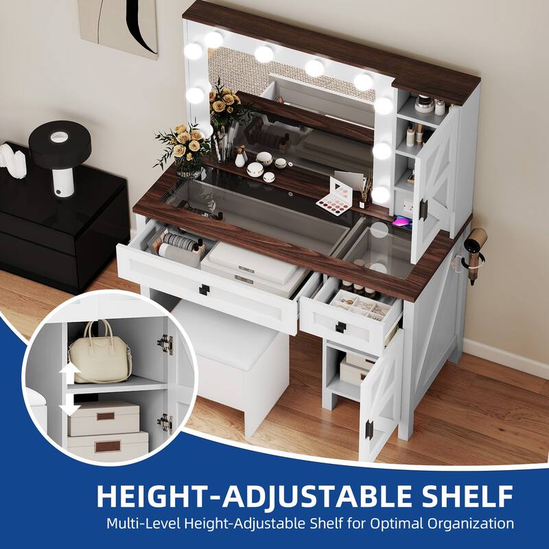 Moasis Farmhouse Makeup Vanity Desk Set with Mirror and Lights, Charging Station and Storage Stool